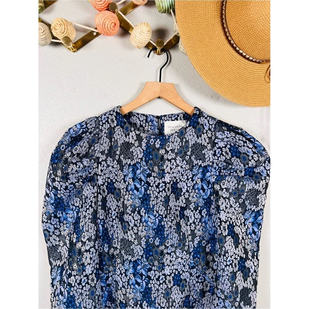 Hyacinth House Priscilla Puff Sleeve Top Blue Floral Jacquard Size Small